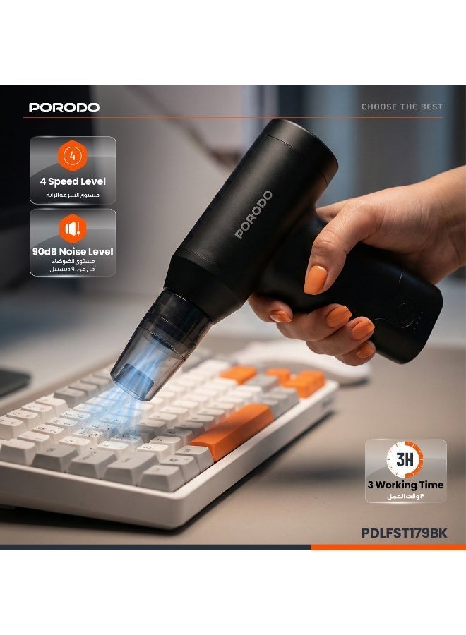 porodo Lifestyle Dual Mode Air Duster & Vacuum 160W / Powerful Air Blower/ Adjustable Speed / 3 Hours Working Time / Efficient Dust Removal / Rechargeable Vacuum and Dust Cleaner - Black - Image 5